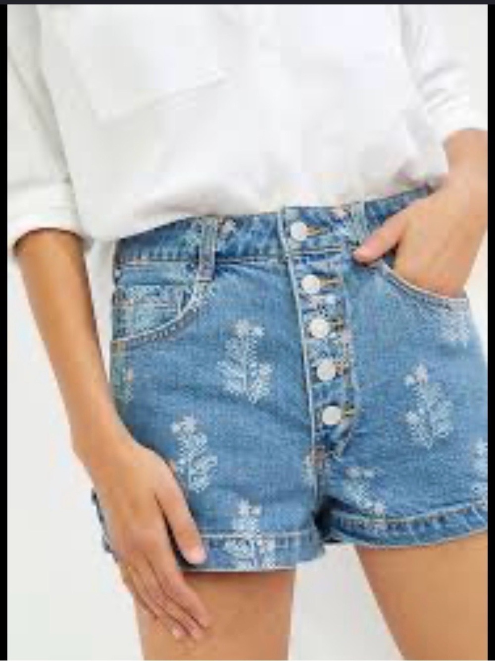 PILCRO Ultra High-Rise Denim Shorts Floral Motif exposed button fly sz 27